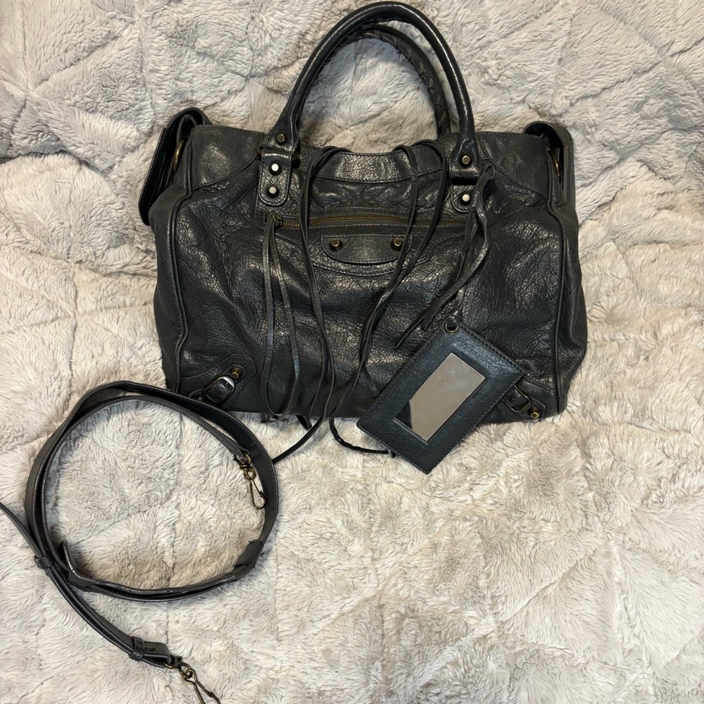 Y2K Balenciaga City Bag. Dark Grey Lambskin, Gunmetal Hardware, With Long Strap